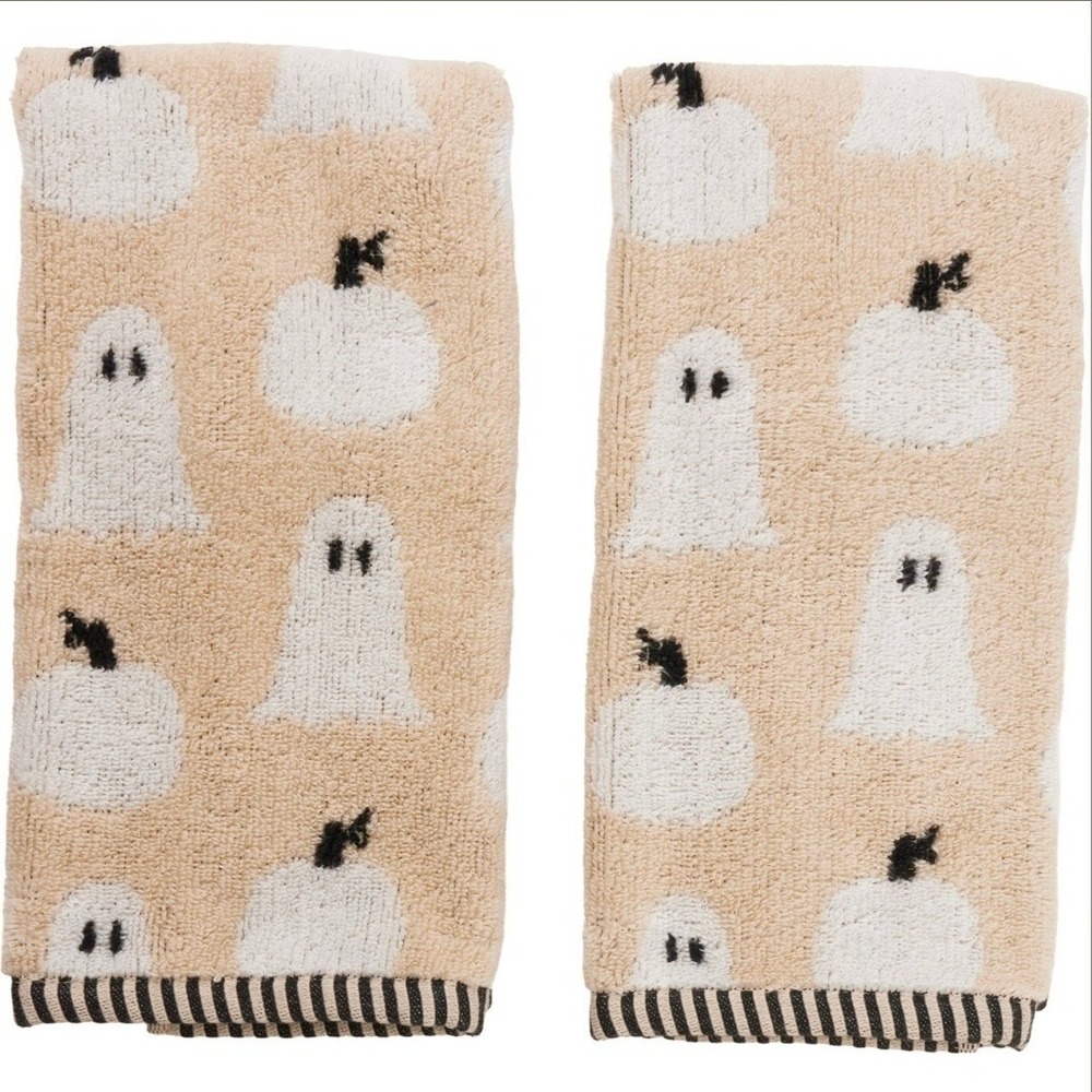 Kassadecor 2-pack Fall Soft Plush Hand Towels Cream White & Black Ghost Pumpkins